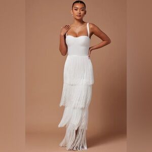Fashion Nova White Tiered Sundress Sweetheart Neckline Fringe Maxi